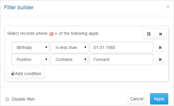 Filter Builder Dialog
