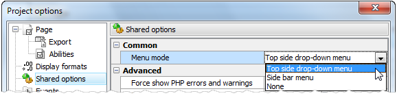 Top side drop-down menus
