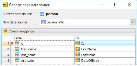 Change Page Data Source dialog